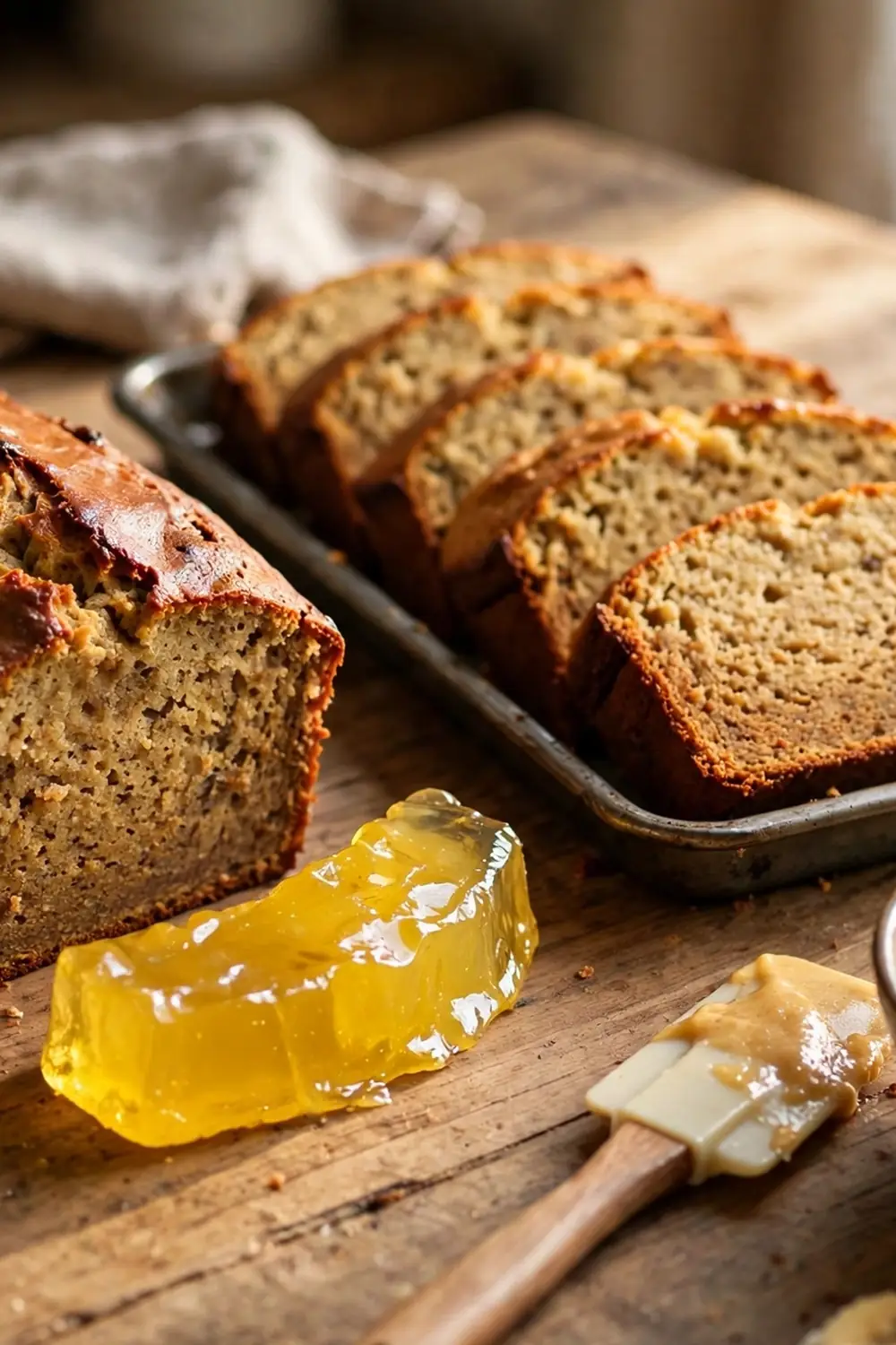 Banana bread loaf with a gummy wet slice beside golden slices