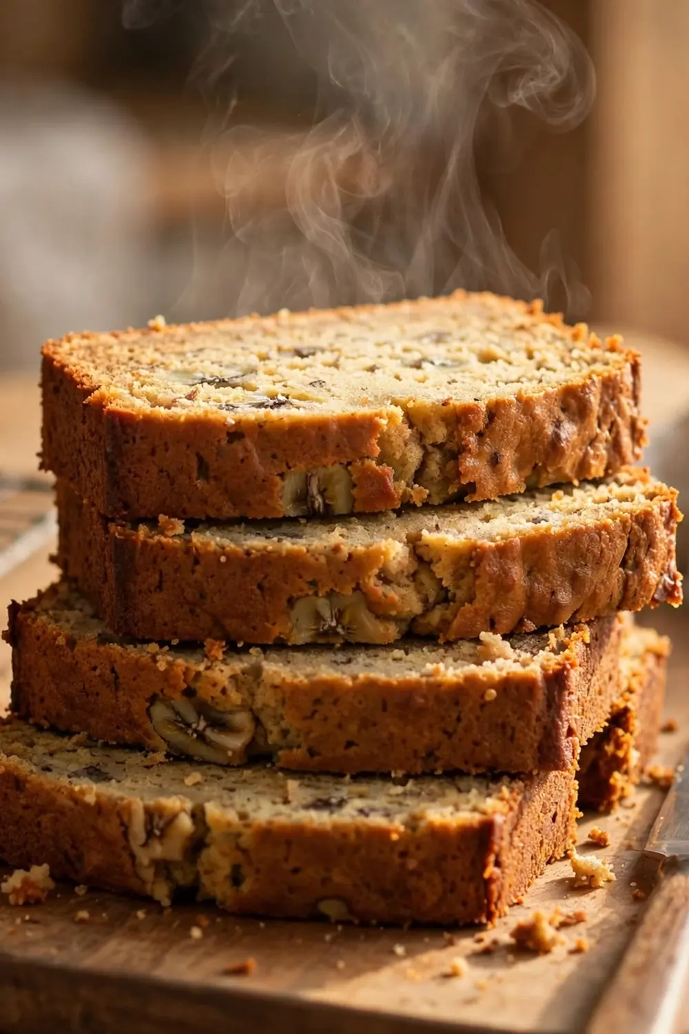 Fresh golden banana bread slices stacked on a wooden board