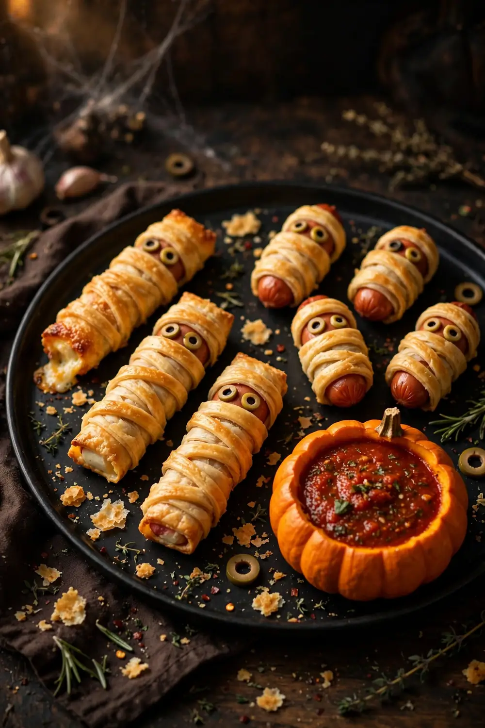 Mummy wrapped mozzarella bites with olive eyes on a dark tray