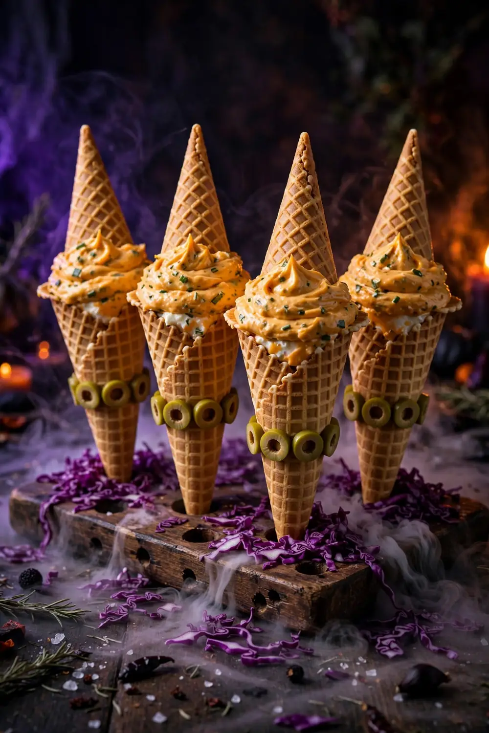Witch hat shaped cones filled with orange cheddar dip