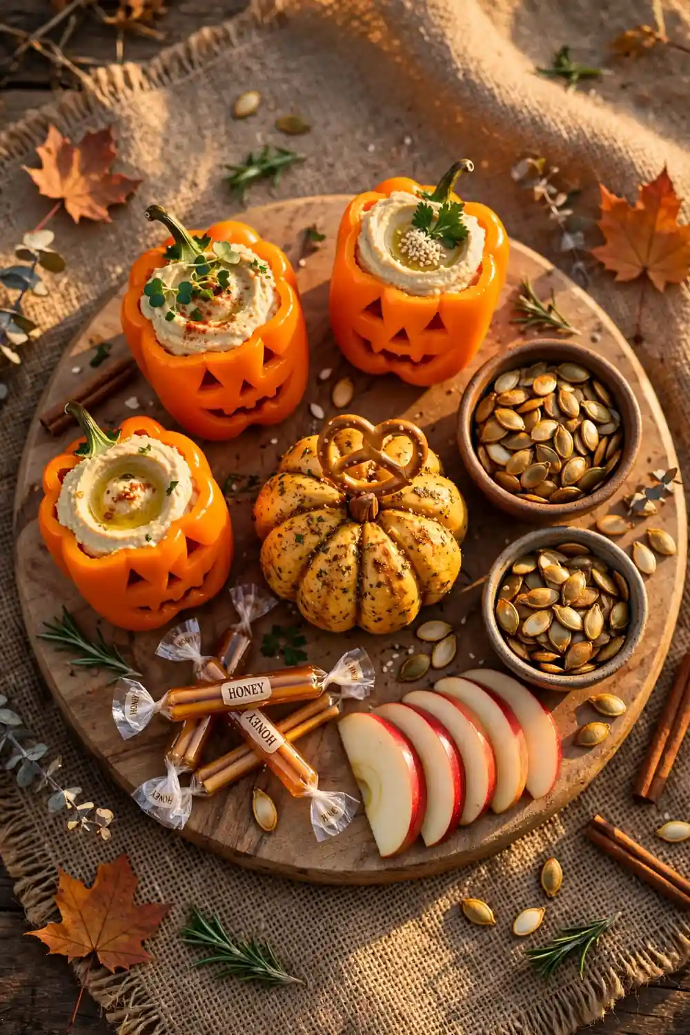 Pumpkin patch grazing board with jack-o-lantern bell peppers and cheese ball