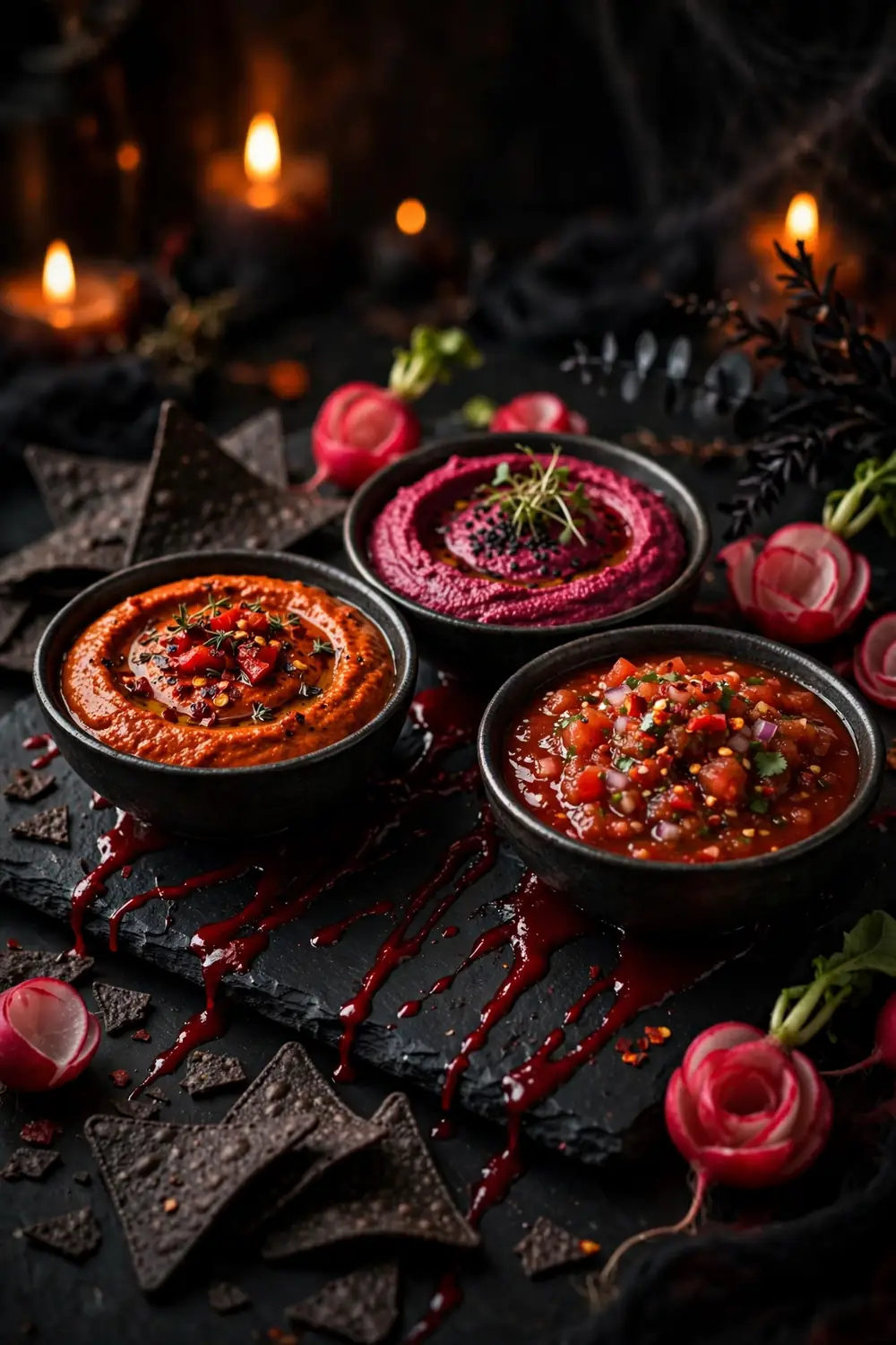 Blood red dips in dark bowls with black tortilla chips