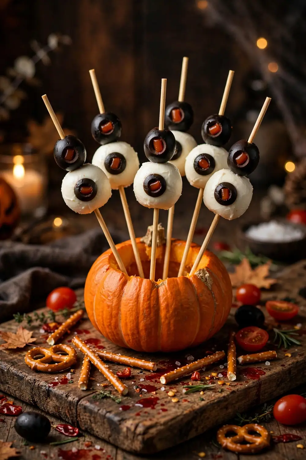 Monster eye skewers of mozzarella balls and olives in a pumpkin base