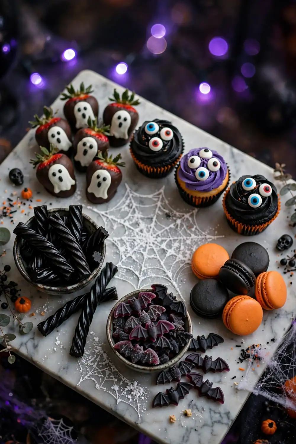 Spooky sweet dessert table with ghost strawberries and candy eyeballs