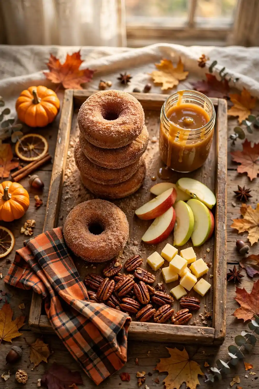 Cider donut board with caramel dip and sliced apples