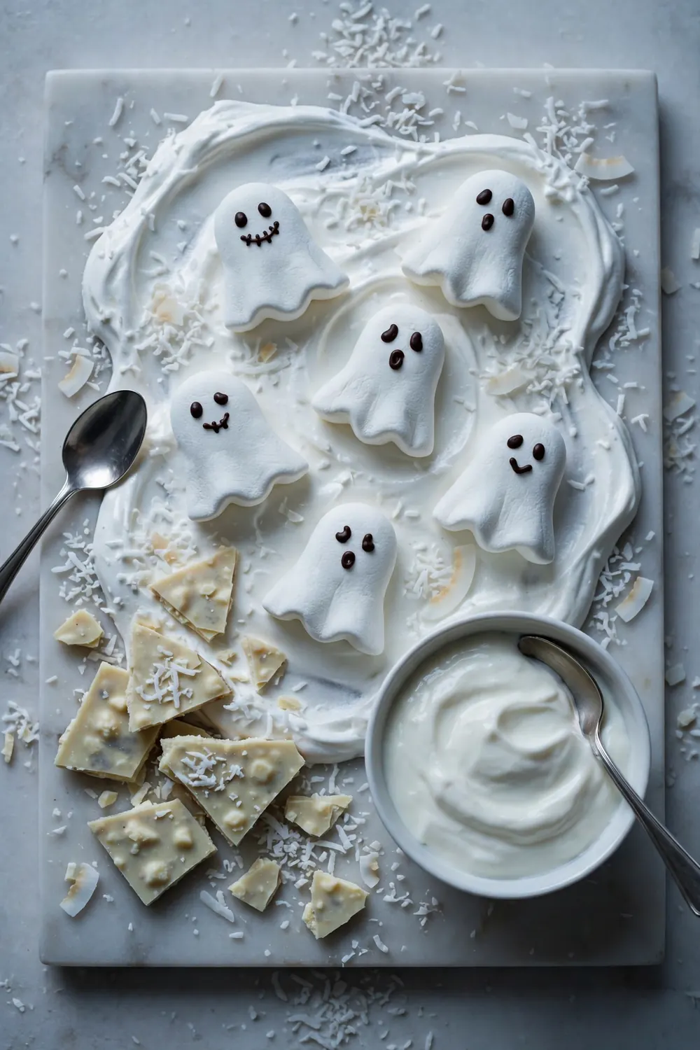 Ghostly white marshmallow spread with ghost shaped marshmallows
