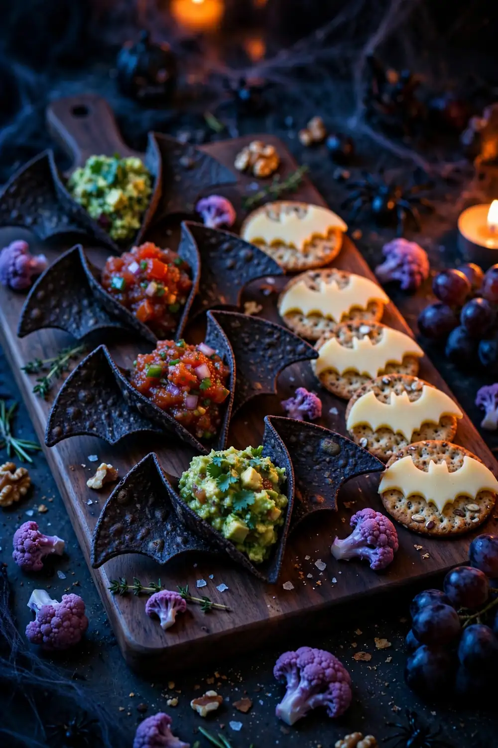 Bat wing shaped bites with guacamole on a dark board