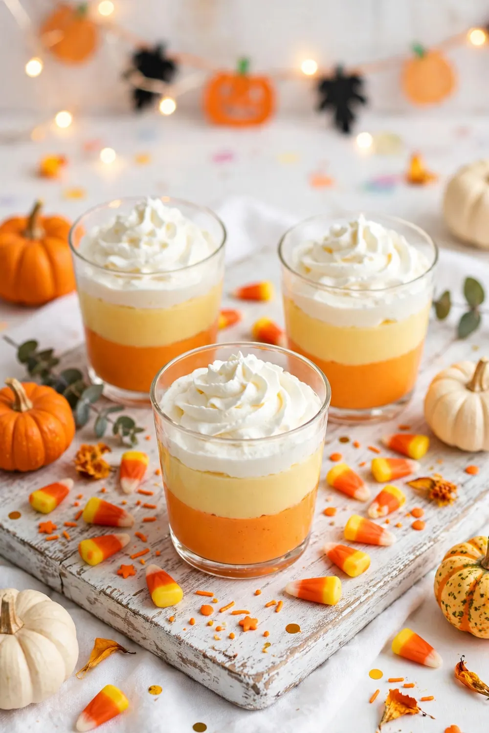 Candy corn layered dessert cups on a whitewashed board