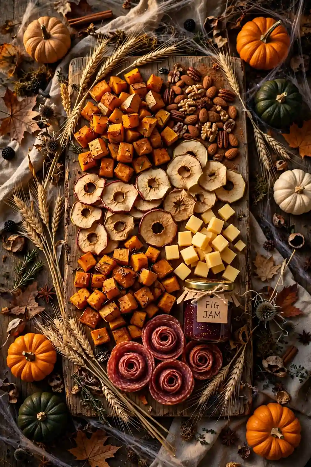 Haunted harvest grazing board with squash, nuts, and salami roses