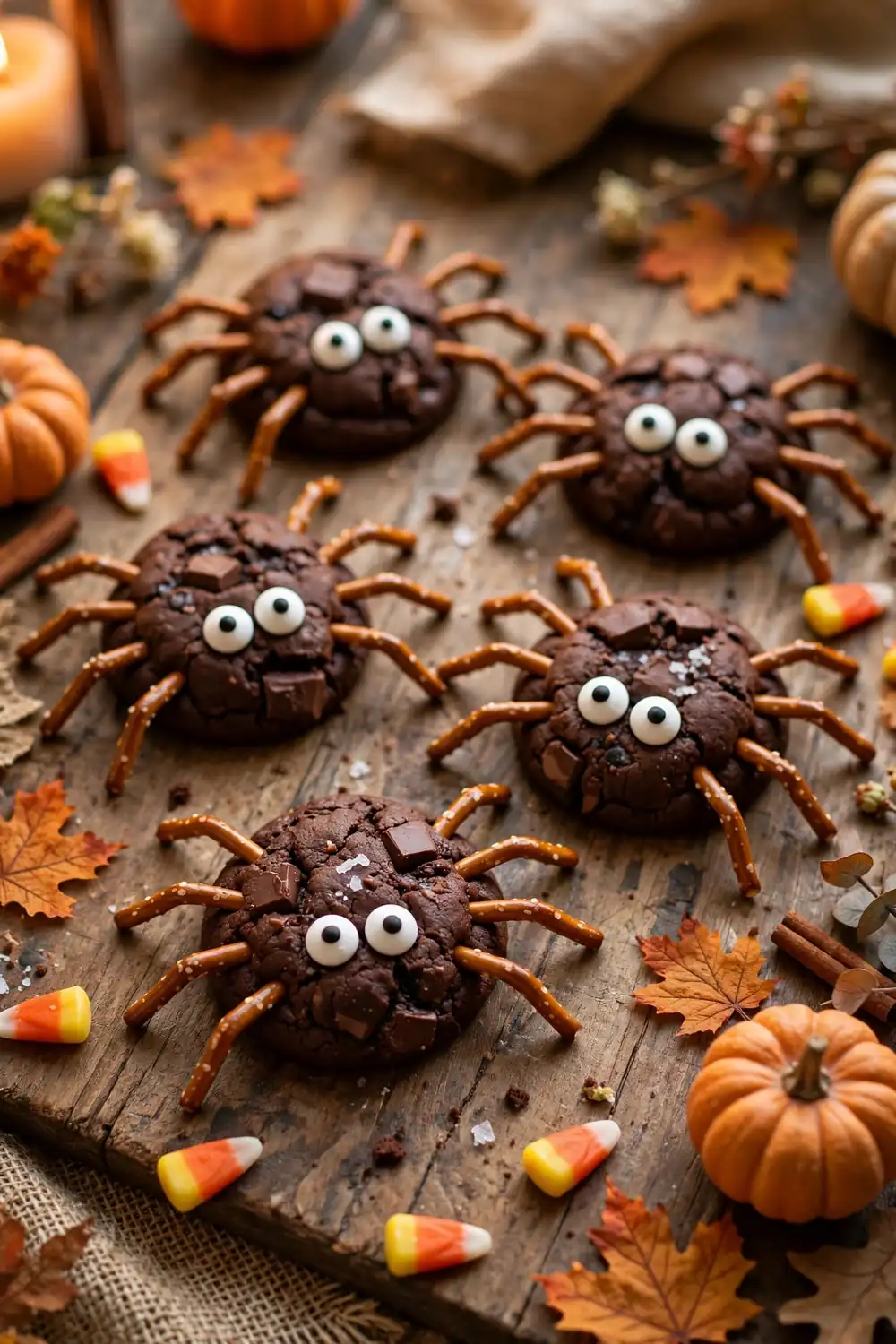 Halloween spider cookies with pretzel stick legs