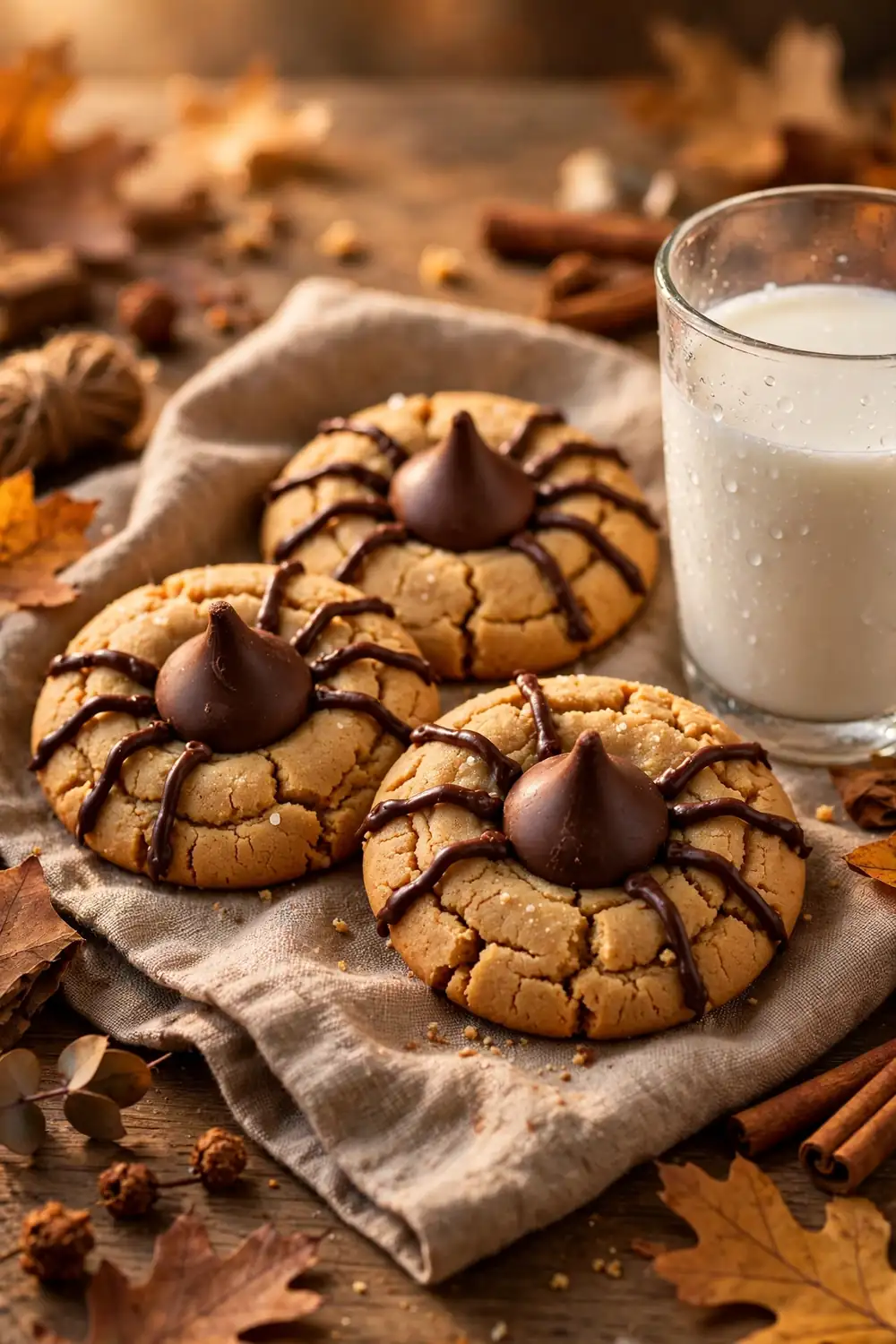 Peanut butter spider cookies with chocolate kiss bodies