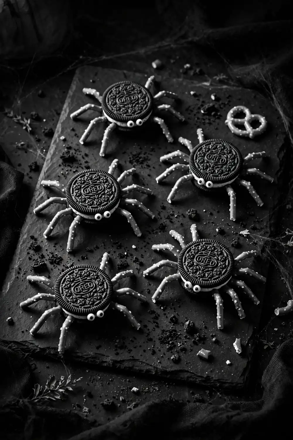 Oreo spider cookies with pretzel legs