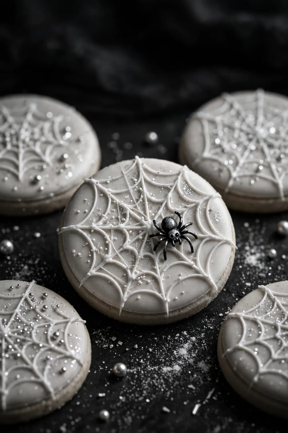 Spider cookies with royal icing webs