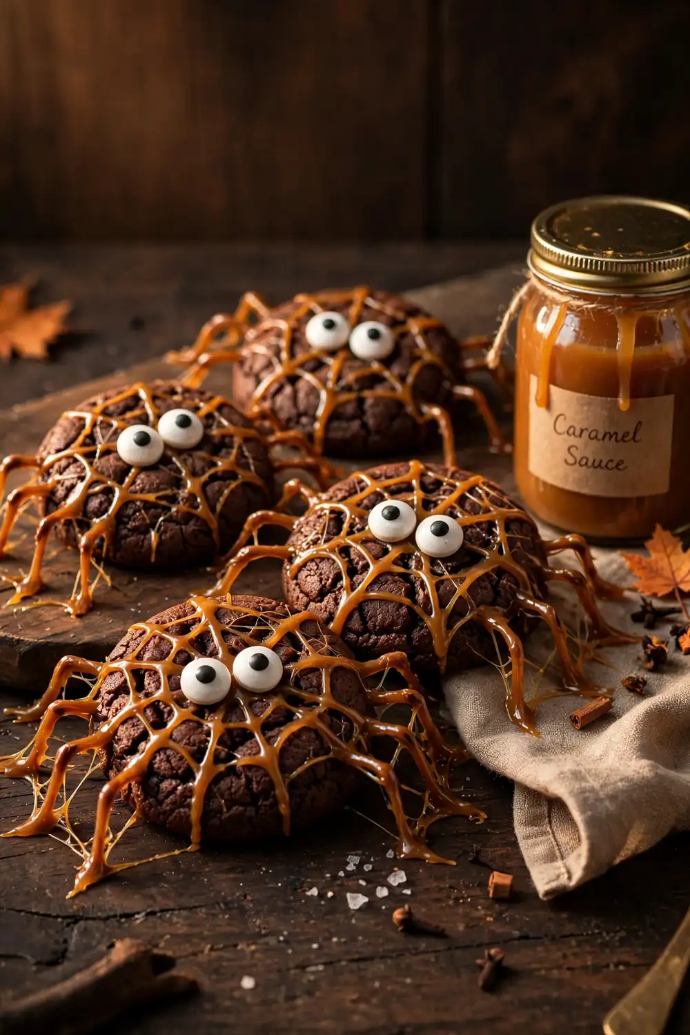 Spider cookies with caramel web drizzle