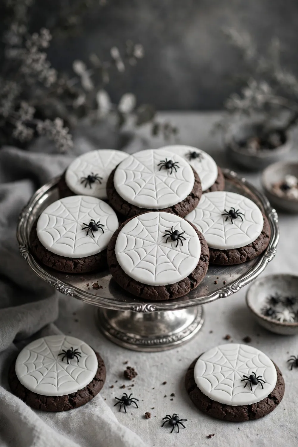 Spider cookies on fondant web plates