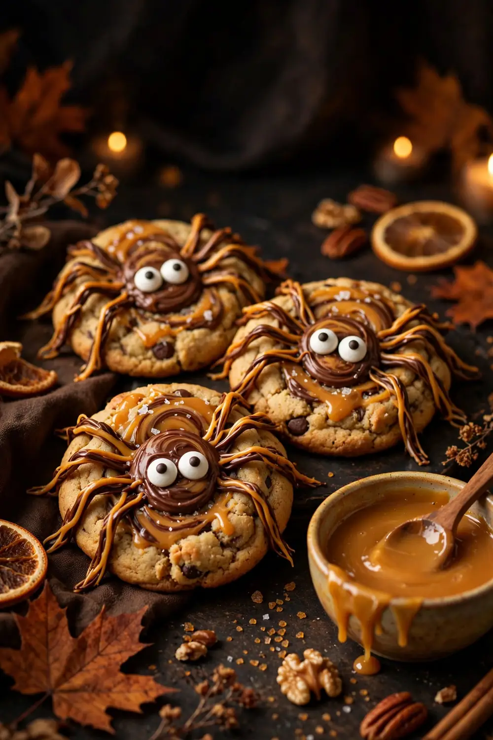 Spider cookies with butterscotch swirl legs