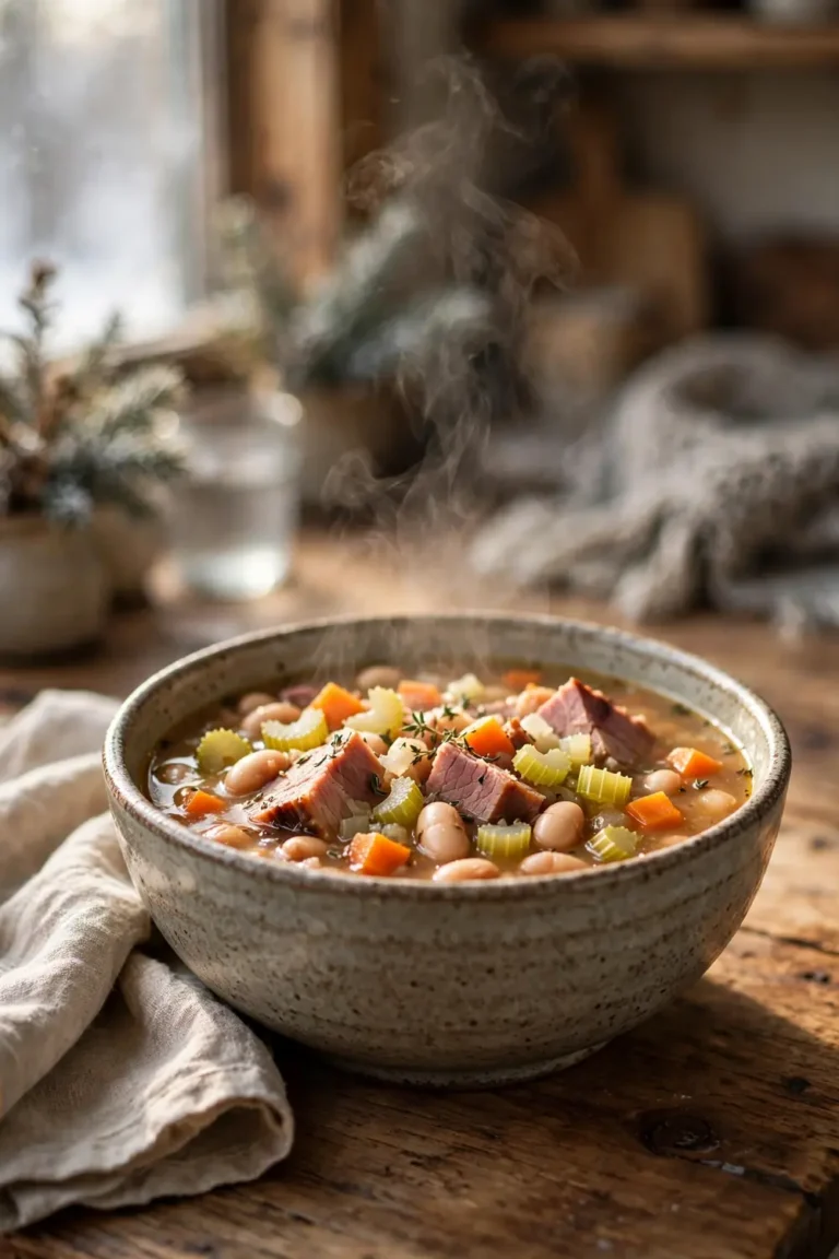 Hearty ham and white bean soup with smoked ham chunks in a rustic bowl