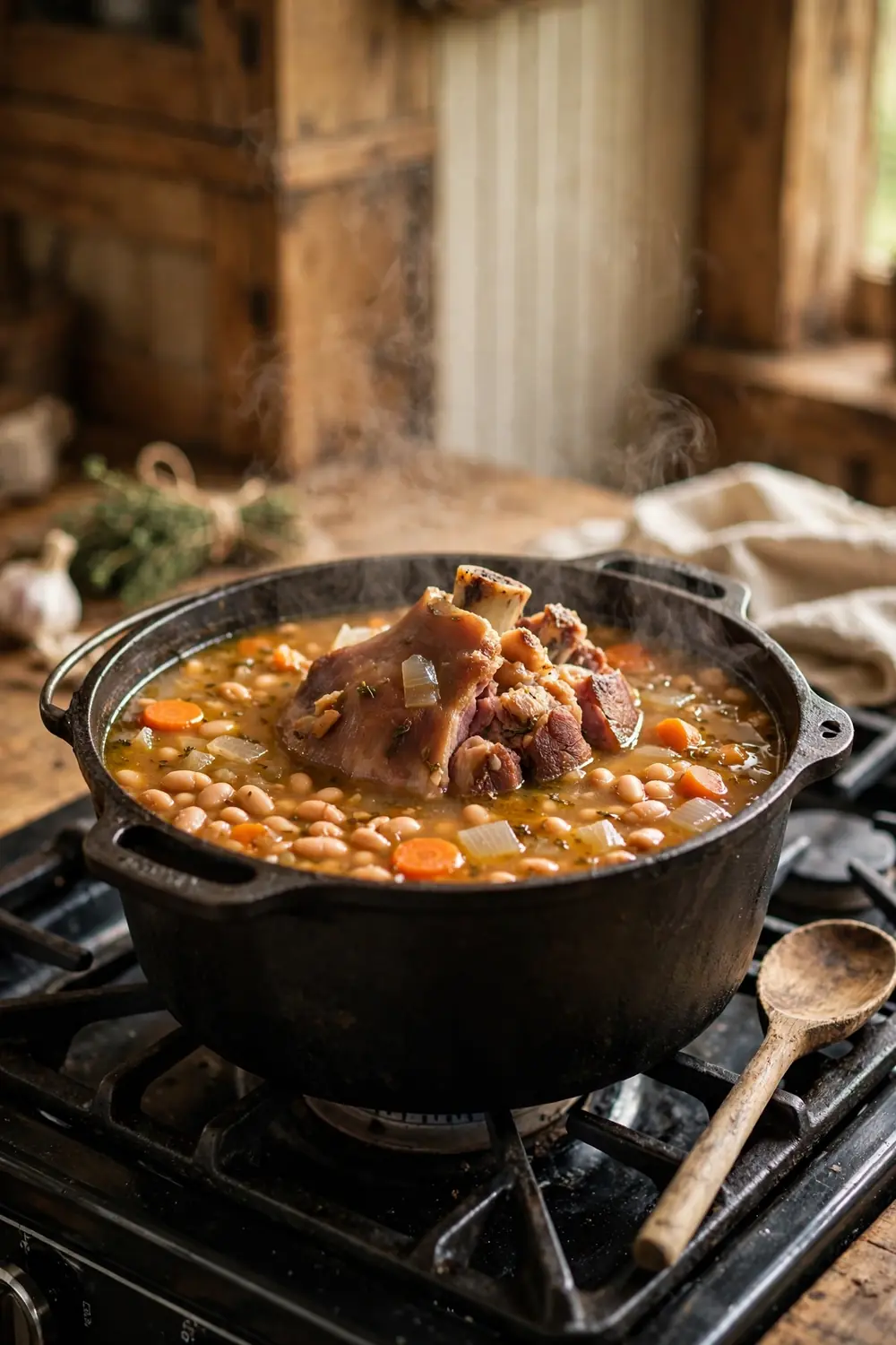 Smoky ham hock and white bean soup simmering in a cast iron pot