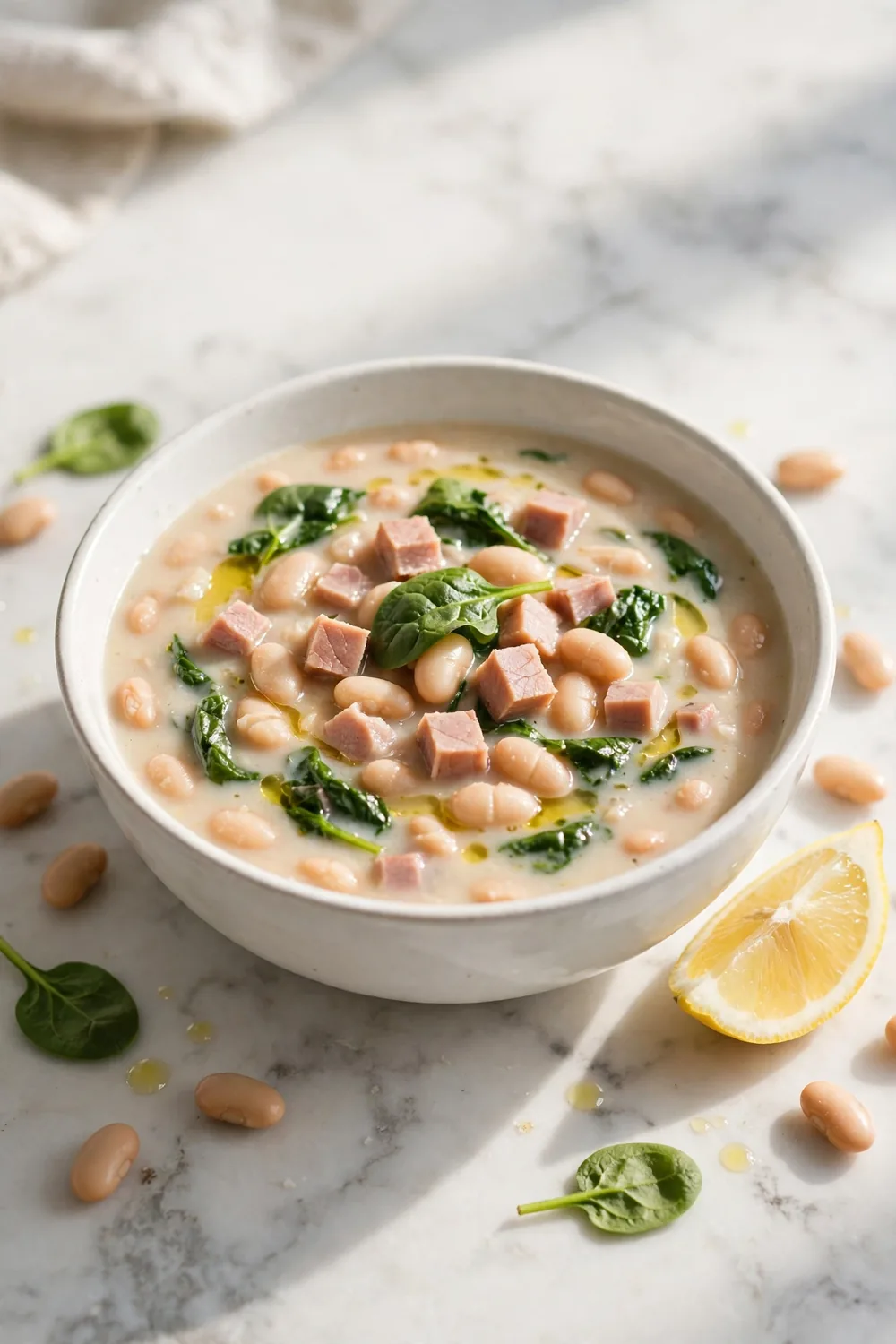 Creamy white bean and ham soup with spinach in a white bowl