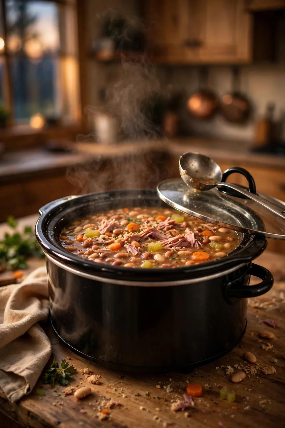 Slow cooker ham and white bean soup with carrots and celery