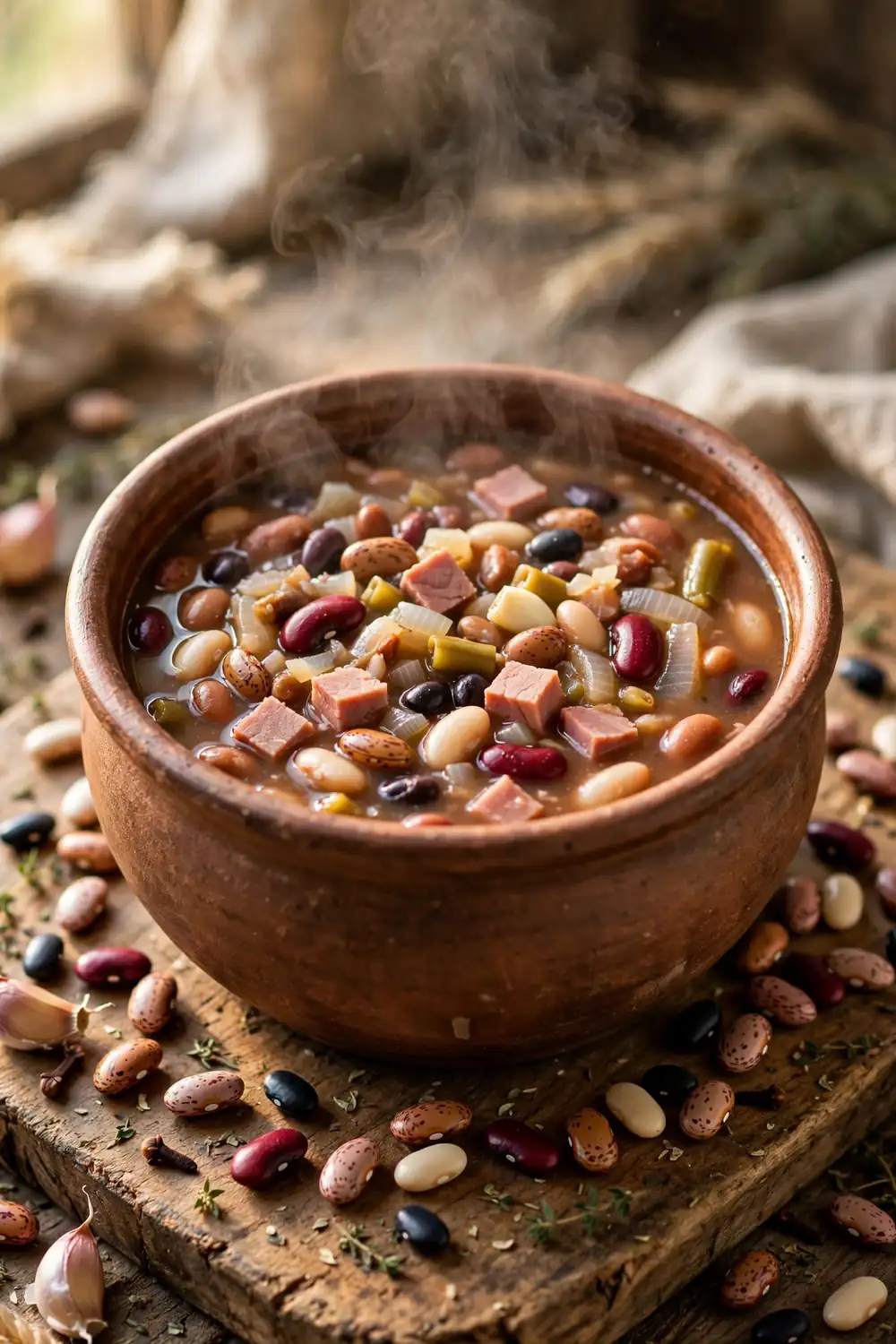 Fifteen bean and ham soup with mixed beans in a clay pot