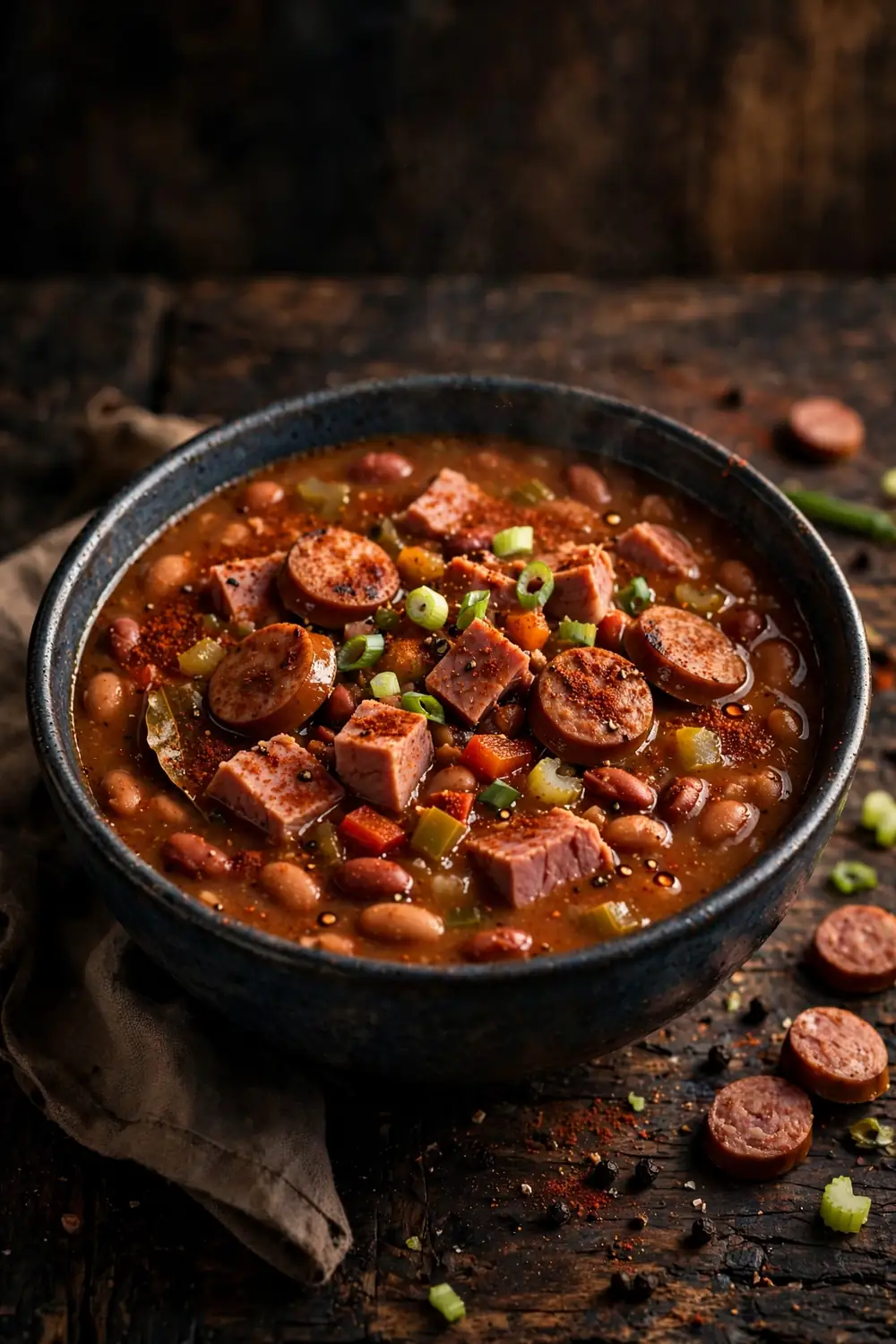Spicy Cajun bean pot with ham, sausage, and peppers