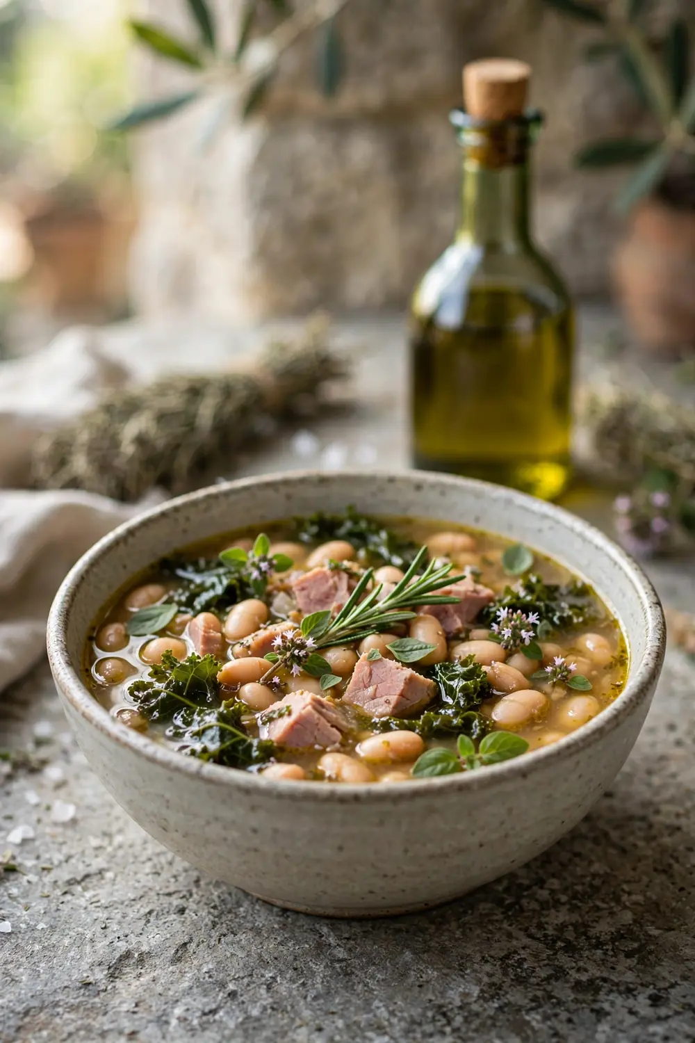 Tuscan herb bean pot with ham and kale in a rustic bowl