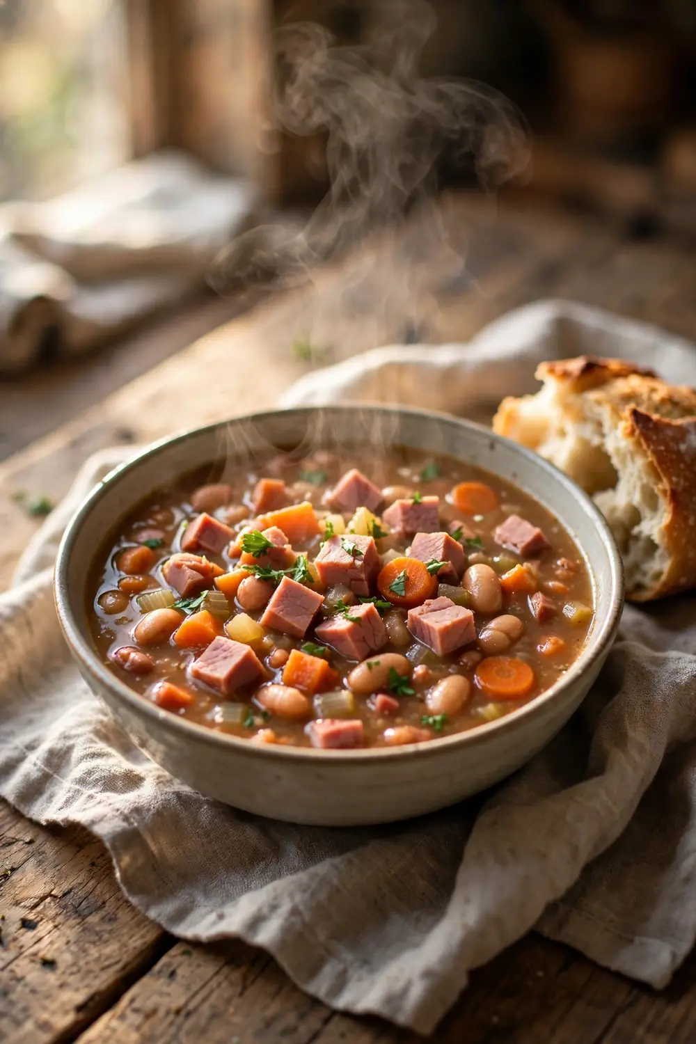 Leftover ham bean pot with crusty bread on the side