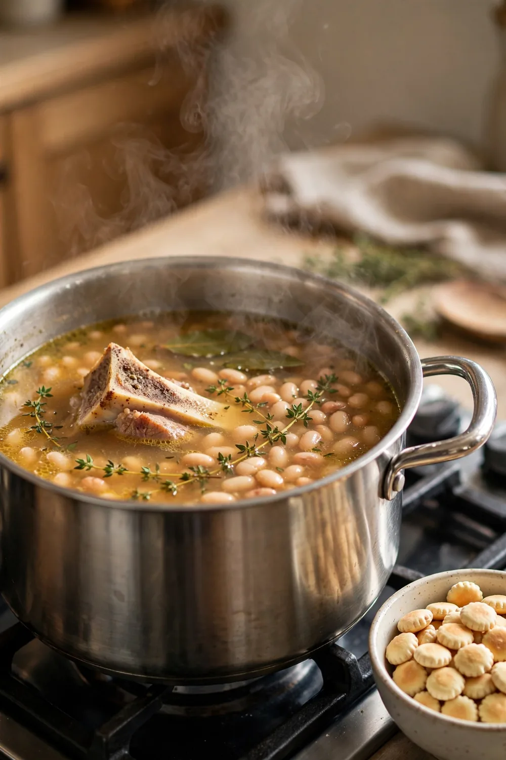 Navy bean and ham soup with a ham bone in a pot