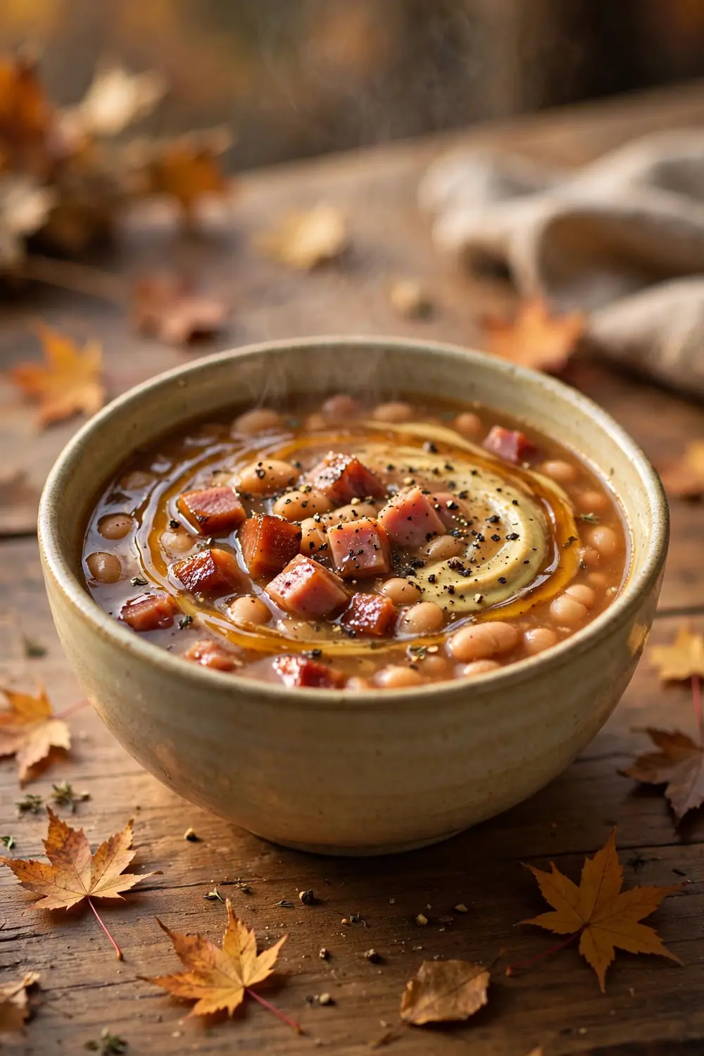 Maple glazed ham bean pot with a drizzle of syrup