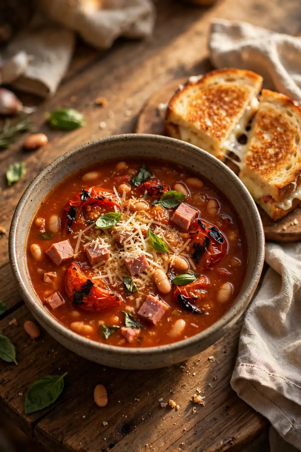 Fire roasted tomato bean pot with ham and basil