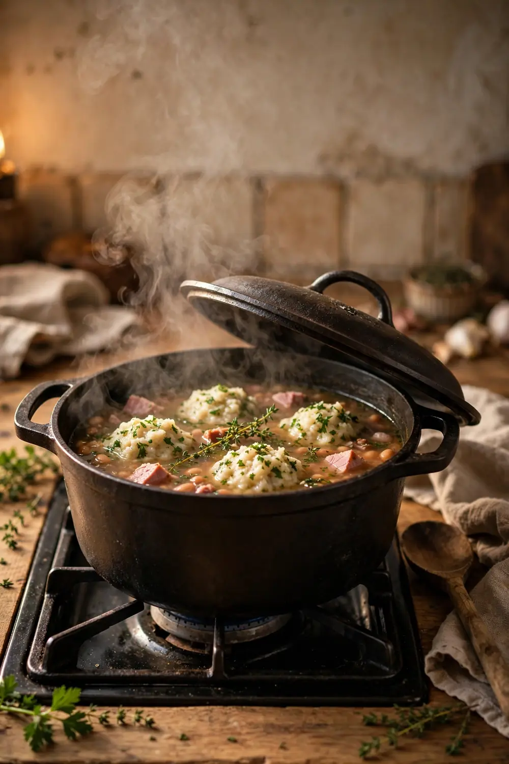 Herby dumpling bean pot with ham and parsley dumplings