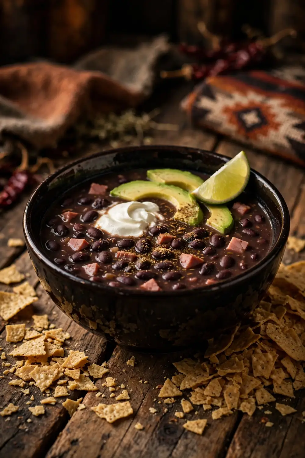 Black bean and ham soup with avocado and lime