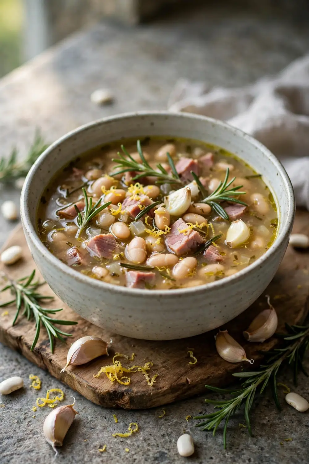 Rosemary garlic bean pot with ham and lemon zest