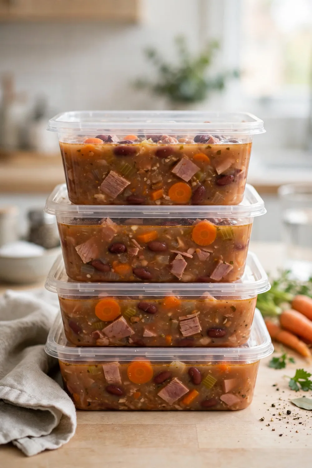 Freezer batch bean pot with ham in labeled containers