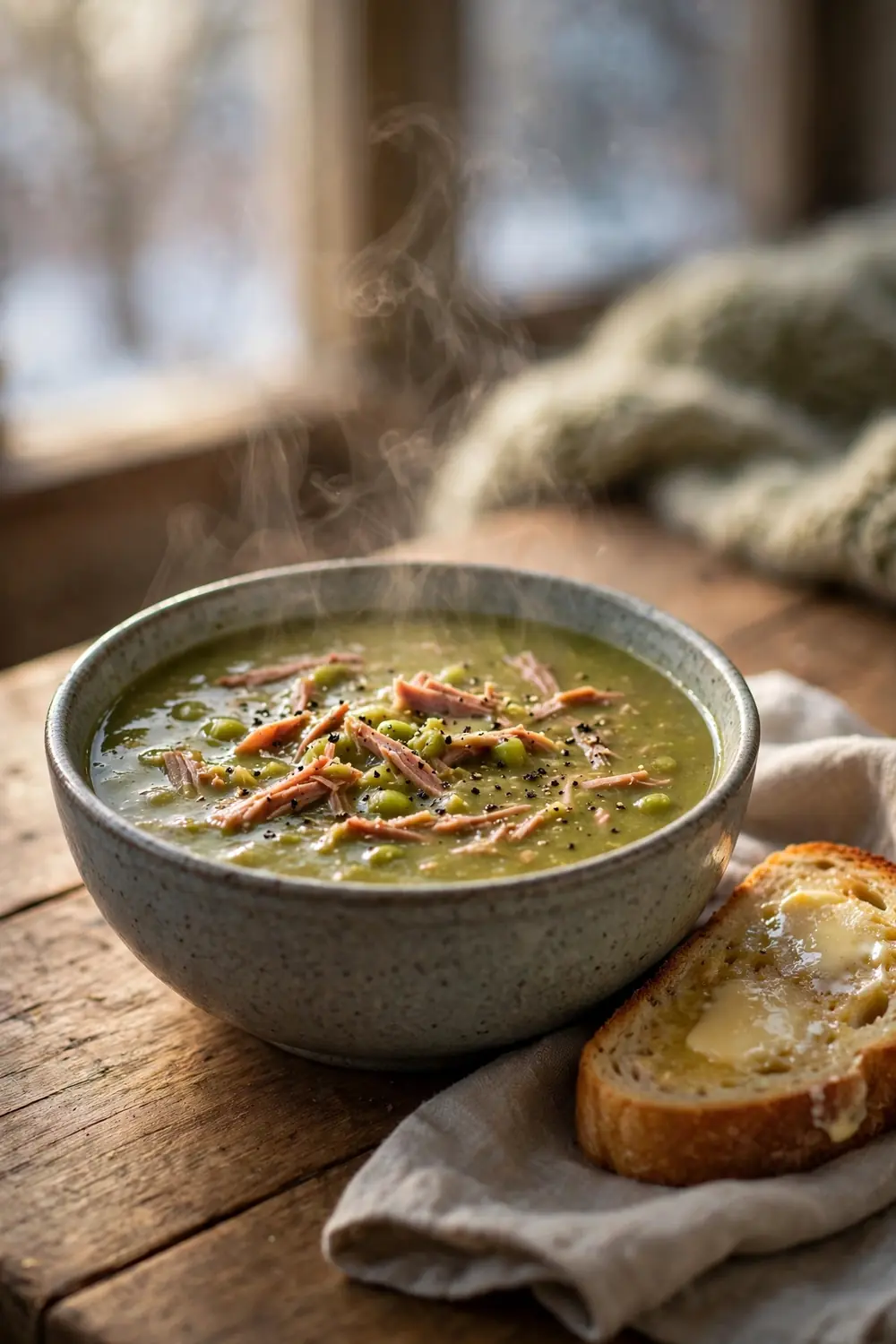 Split pea and ham soup with buttered toast