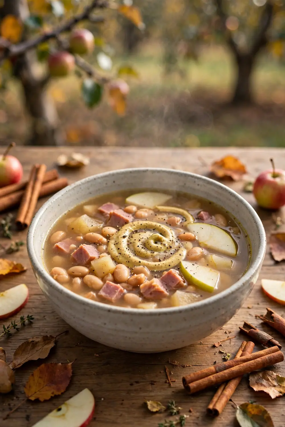 Apple cider bean pot with ham and thin apple slices