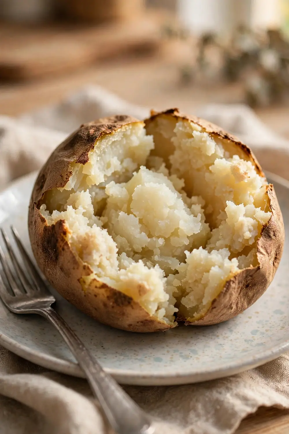Hard baked potato cut open showing a firm pale center with fluffy edges