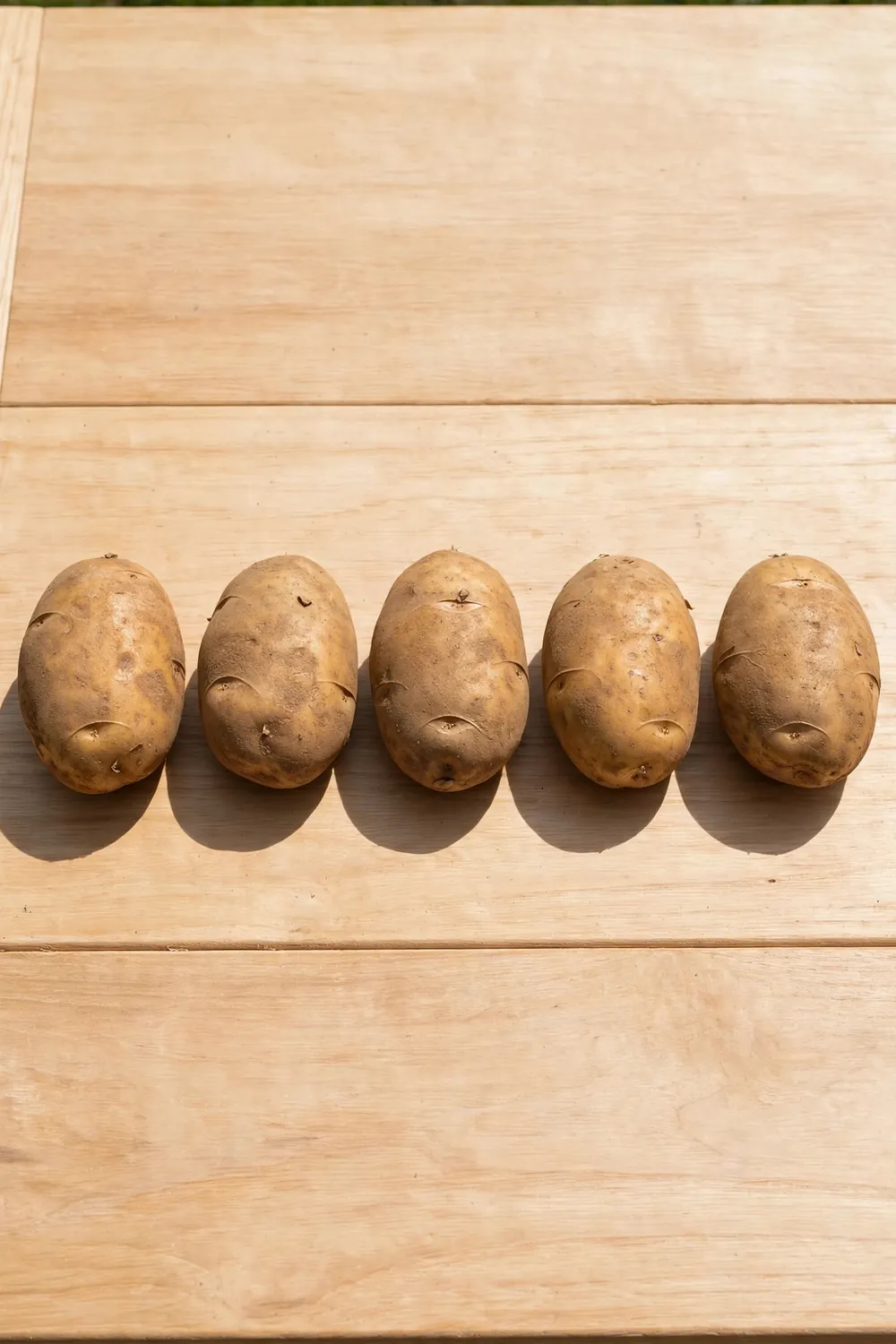 Russet potatoes of similar size lined up on a wooden table
