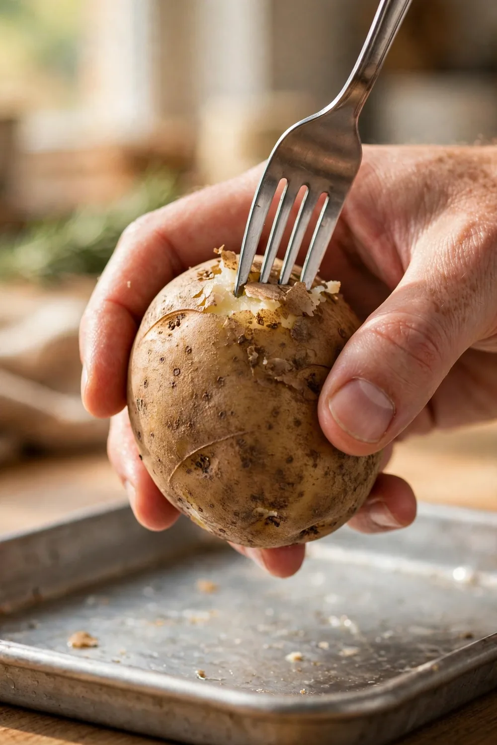 Fork piercing the skin of a raw potato over a baking tray