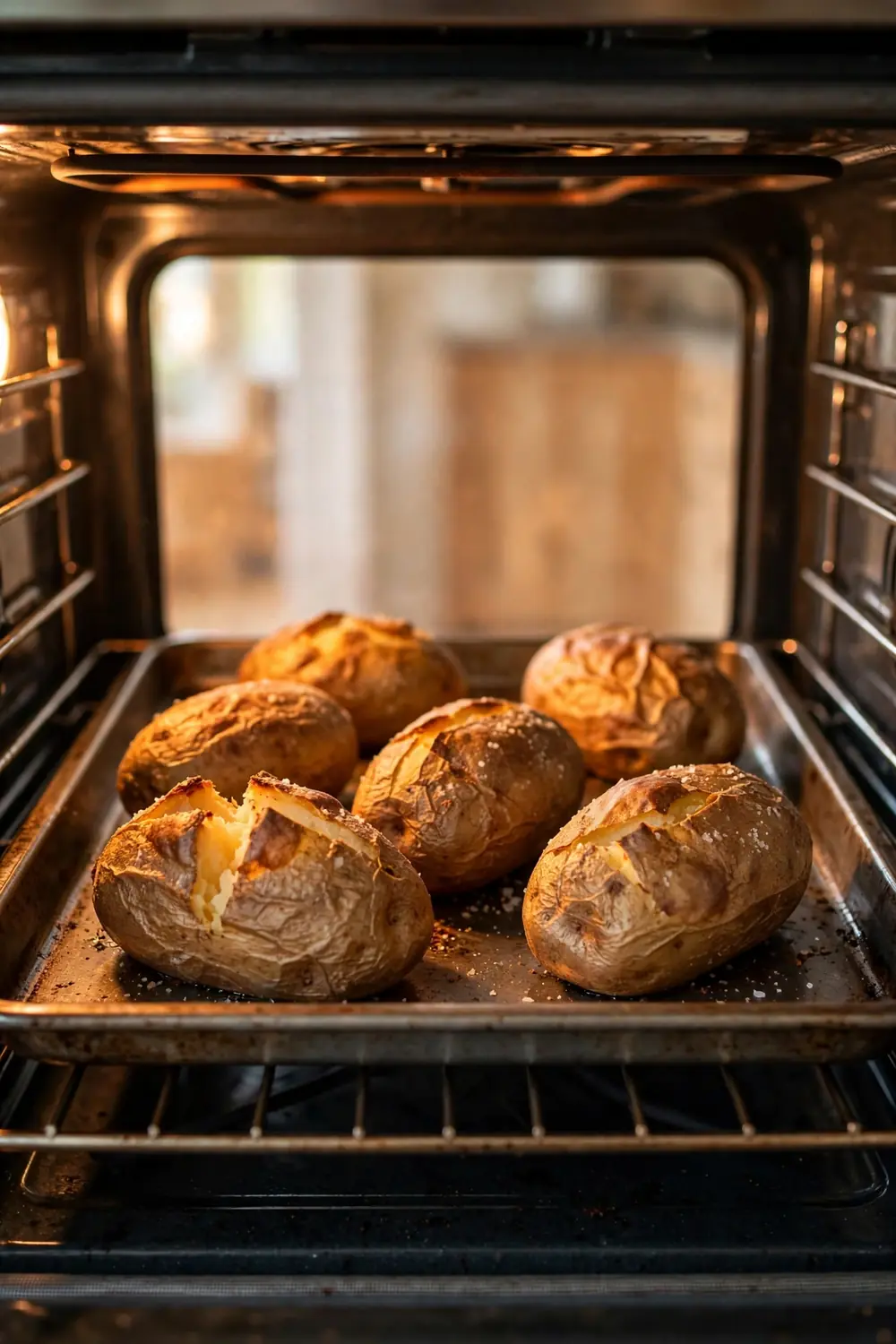 Baked potatoes on a tray inside a hot oven with golden skins