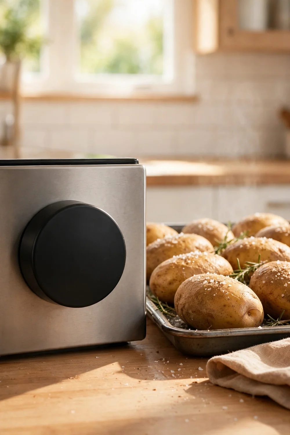 Oven dial set to high heat beside a tray of baking potatoes