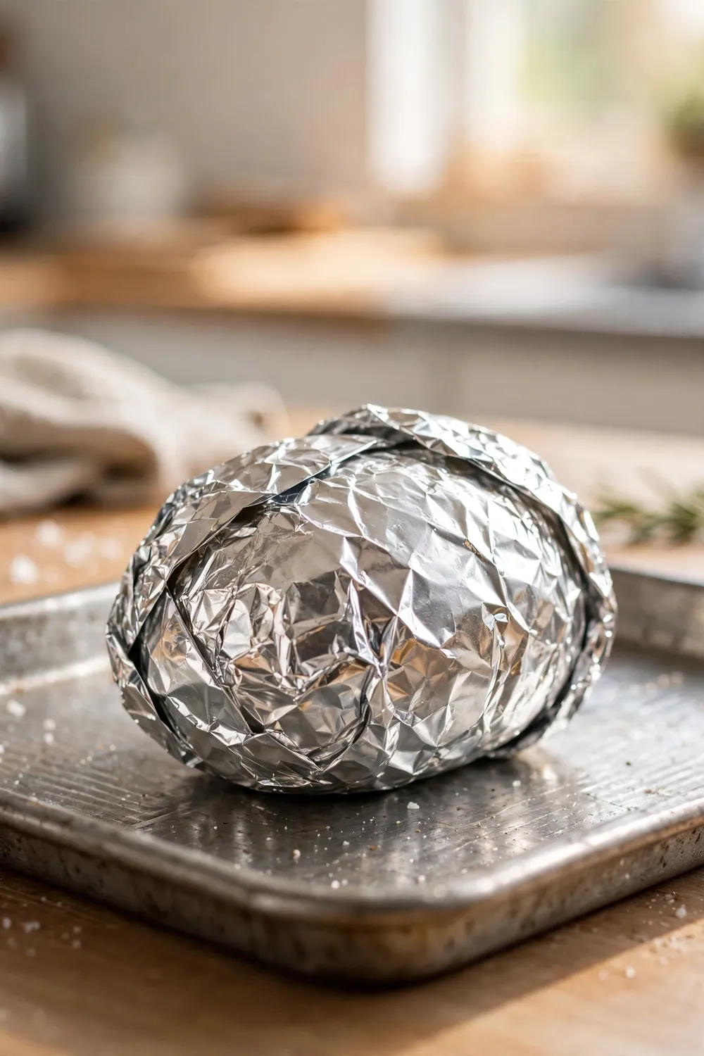Potato wrapped in foil on a baking tray ready for the oven