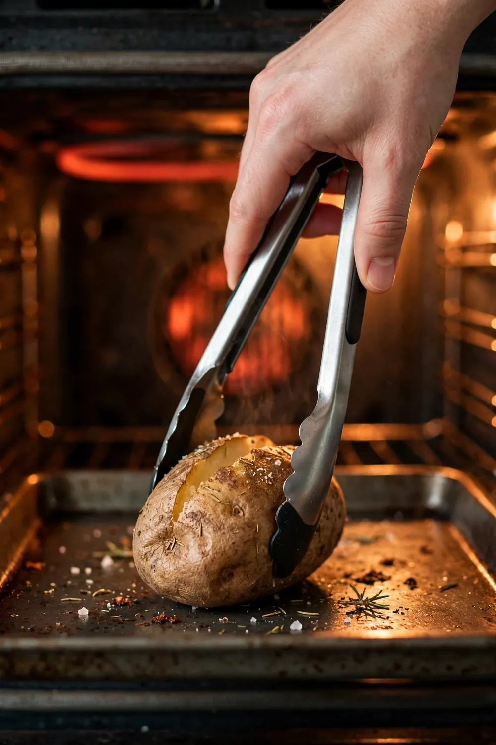 Hand turning a baked potato on a tray with tongs