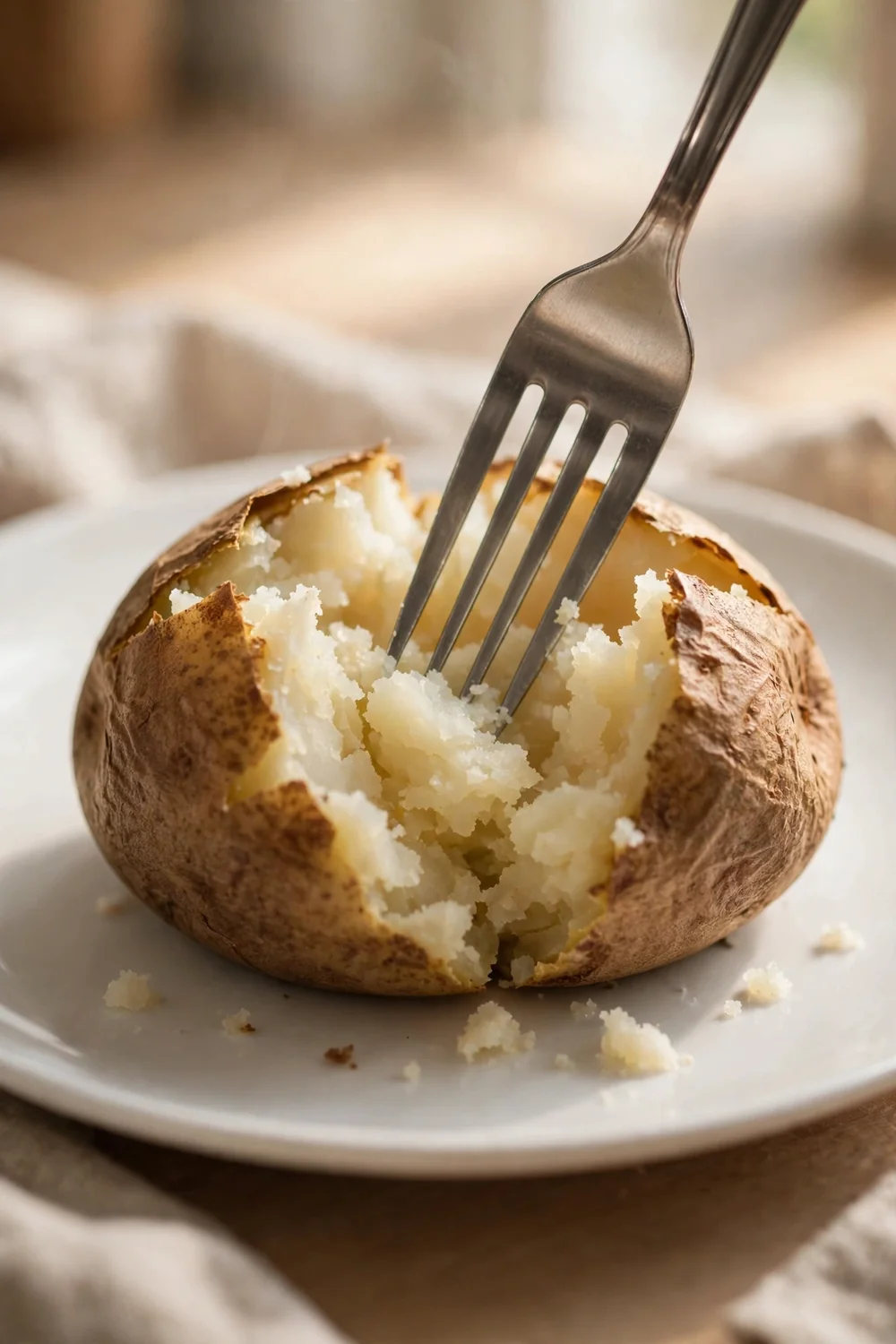 Fork testing the center of a baked potato on a plate