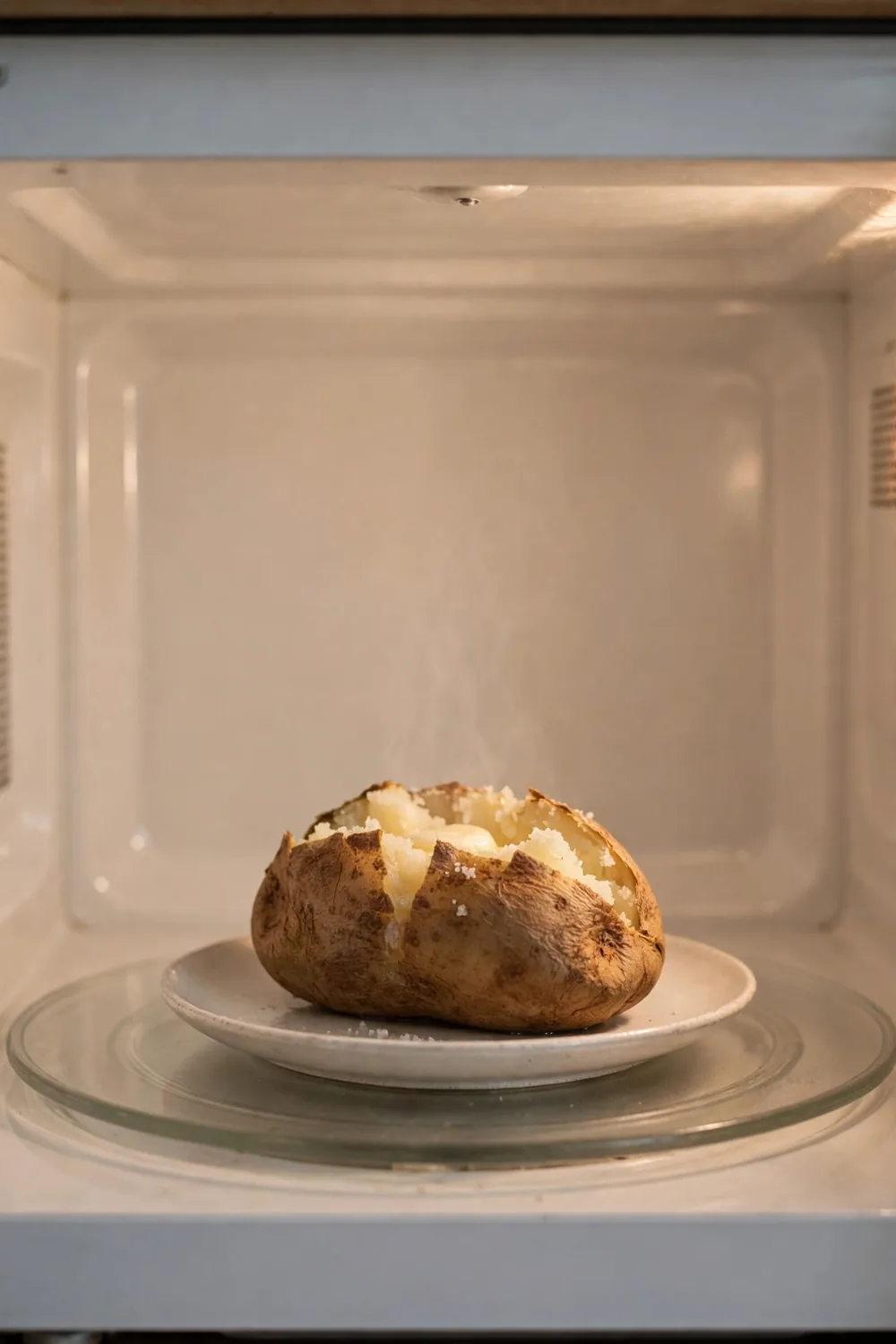 Baked potato finishing in a microwave on a small plate