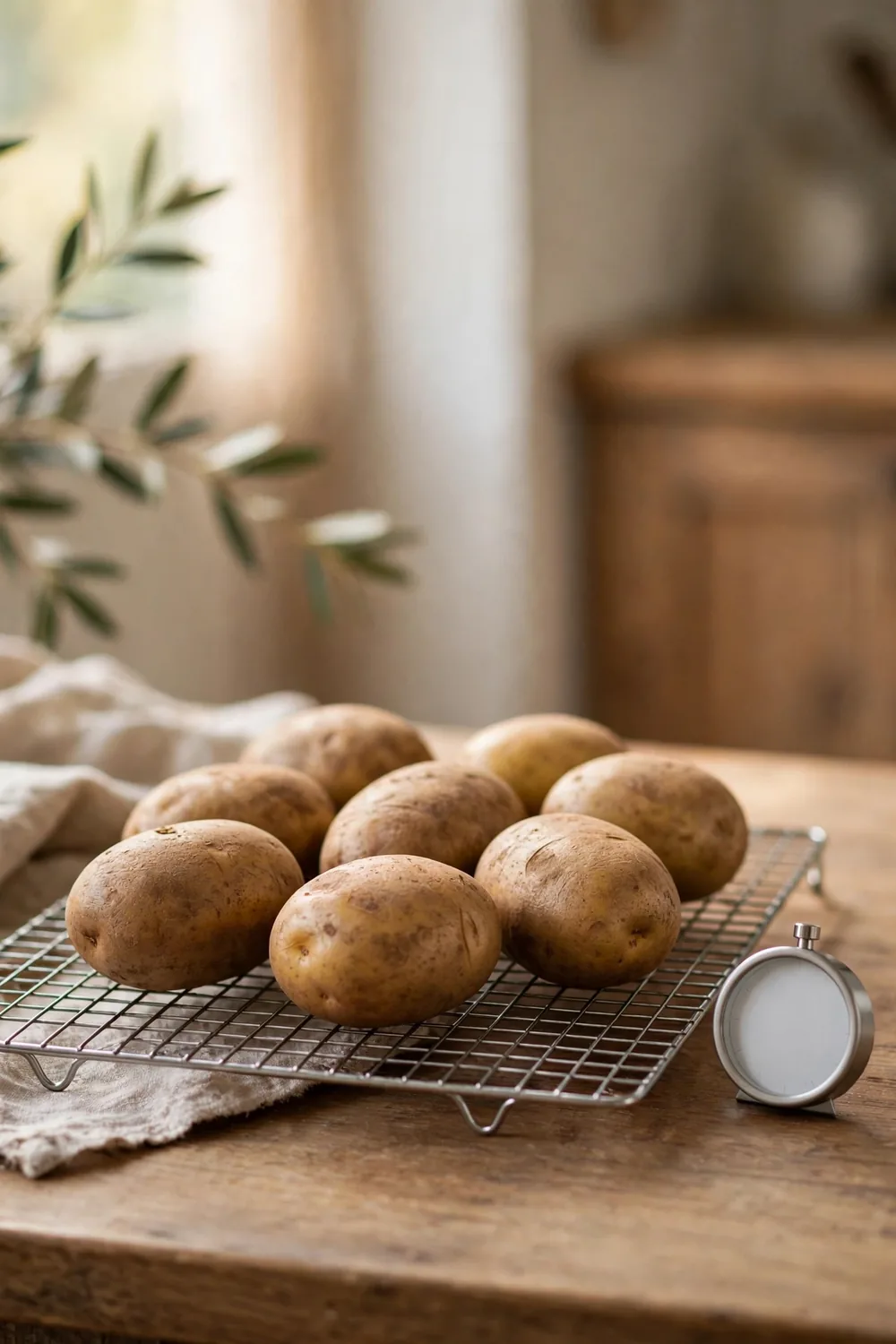 Tray of hard potatoes cooling on a wire rack beside a timer