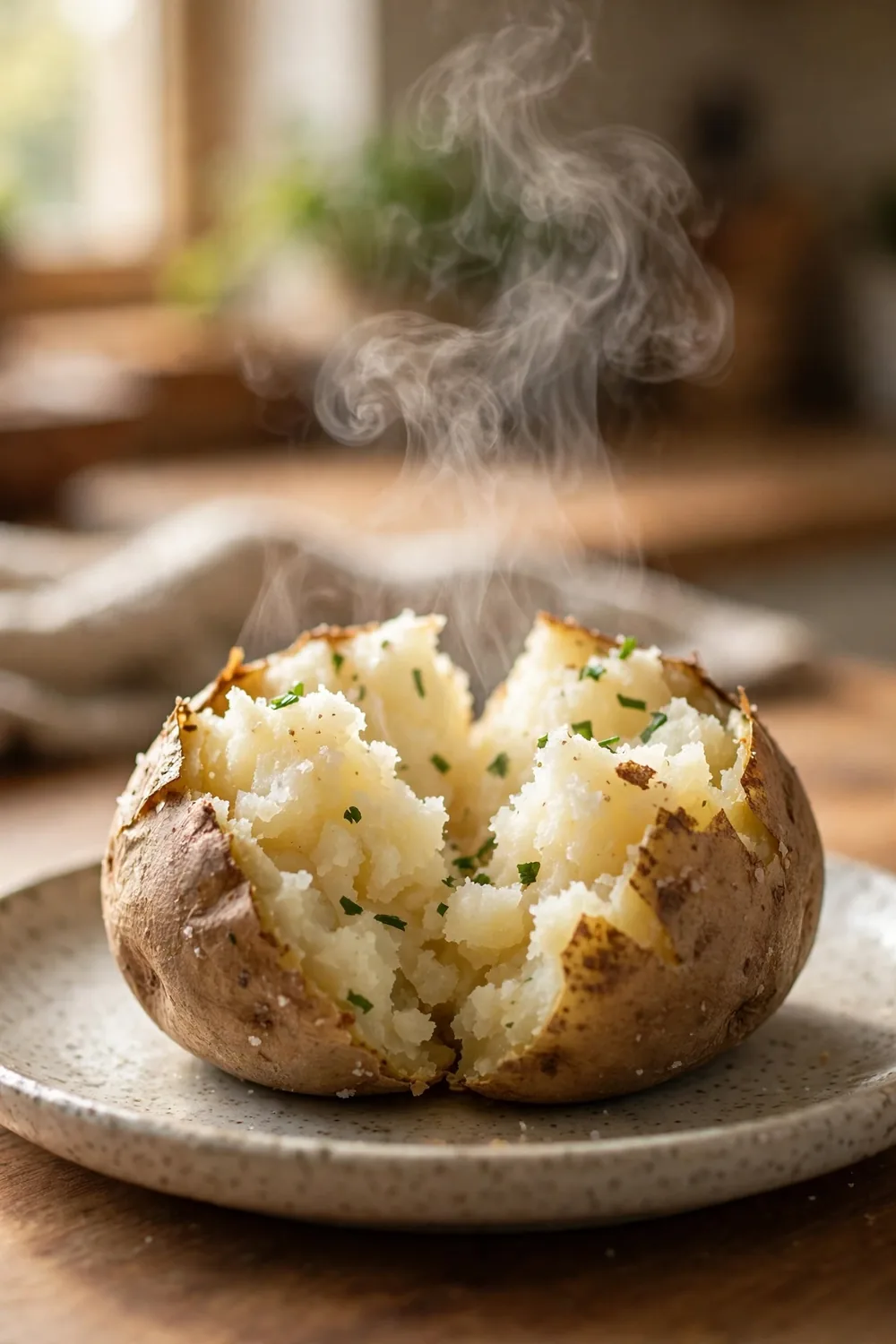 Fluffy baked potato split open with steam rising on a plate