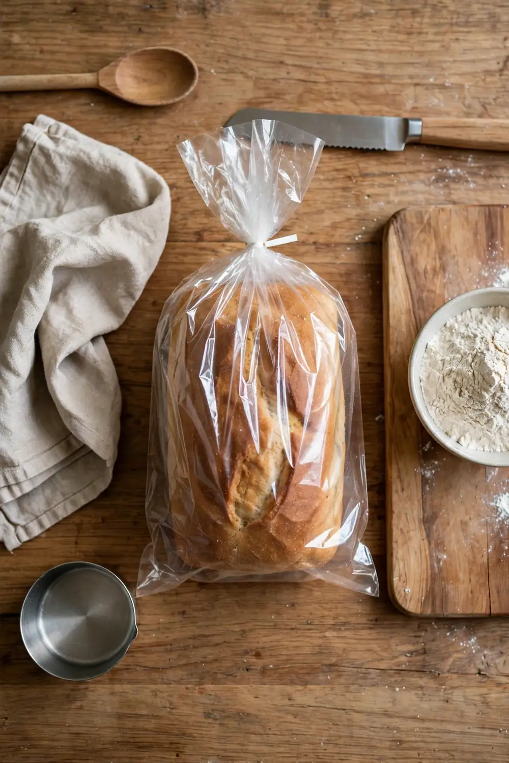 Homemade bread stored in a sealed bread bag
A sealed bag keeps air away from the bread, and the crumb stays soft. Place the loaf in a bread bag, and press the air out. Sealed storage is a simple fix, and it works every single time you use it.