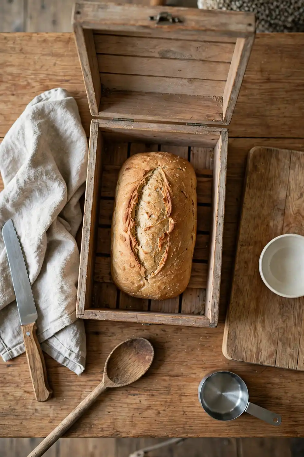 Homemade bread inside a wooden bread box
A bread box keeps the bread at a steady humidity, and the crumb stays soft. Place the loaf inside, and close the lid well. A bread box is a simple fix, and it works every single time you use it.